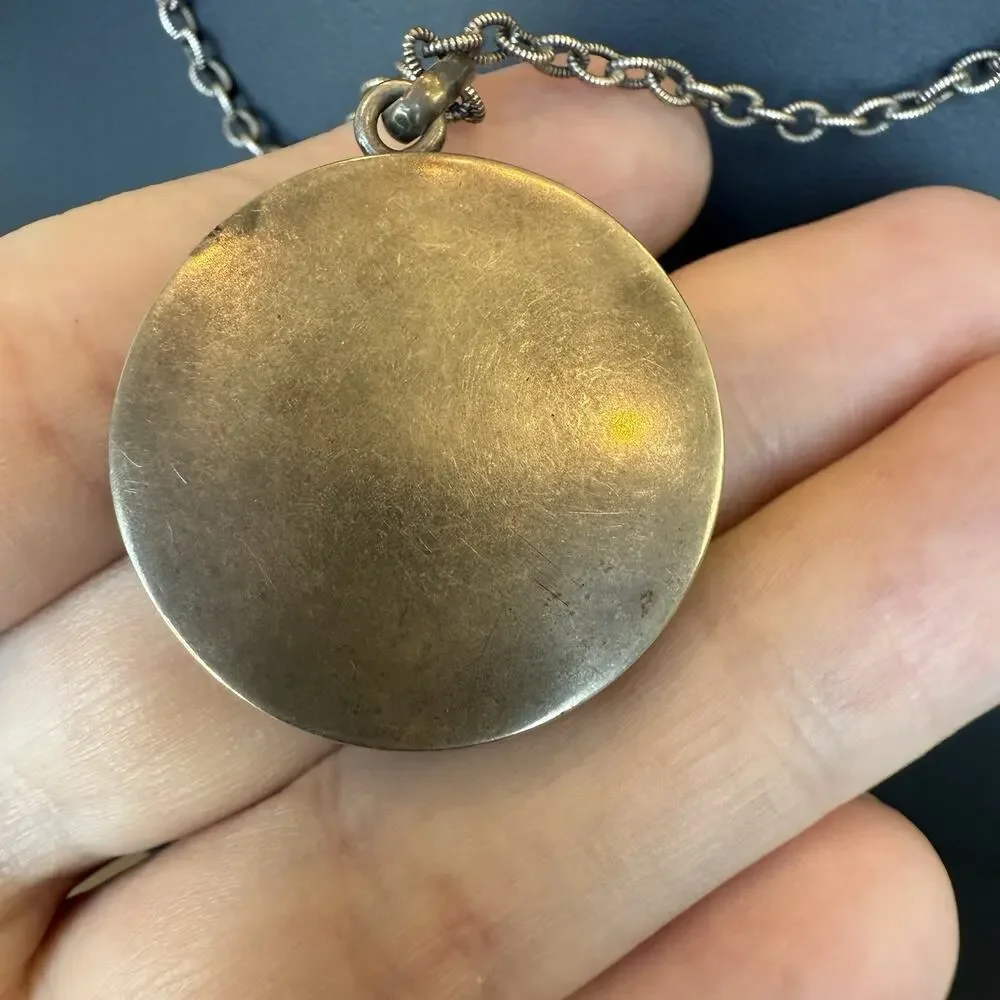 Antique Vintage Sterling Silver Round Glass Photo Locket With Chain READ
